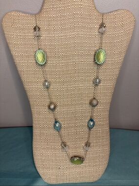 New York & Company Silver Chain Necklace with Lime and Teal